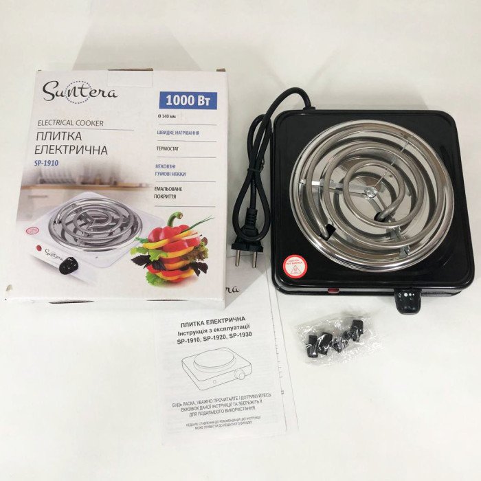 Плита електрична Suntera SP-1910, електроплита 1000 w, електроплита 1 комфорка. Колір: чорний