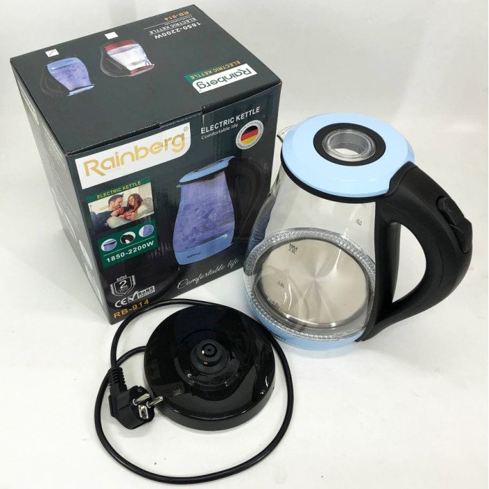 Чайник електричний скляний Rainberg RB-914, прозорий чайник з підсвічуванням. Колір: блакитний