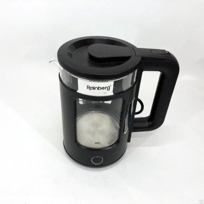 Електрочайник Rainberg RB-2220 скляний дисковий прозорий. Чайник із підсвічуванням 2200W. Колір: чорний