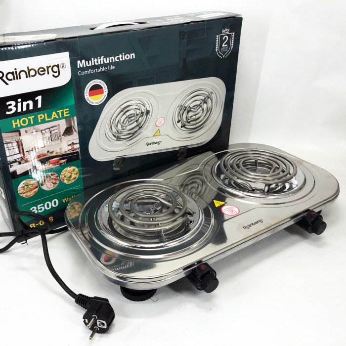 Електрична плита Rainberg RB-008 на 2 поверхні спіральна + 2 регулятори 3500 Вт