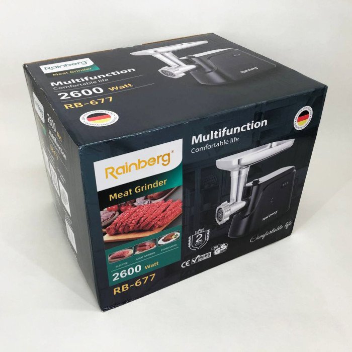 Електрична м'ясорубка Rainberg RB-677 2600W з насадкою для ковбас, м'ясорубка з металевим редуктором