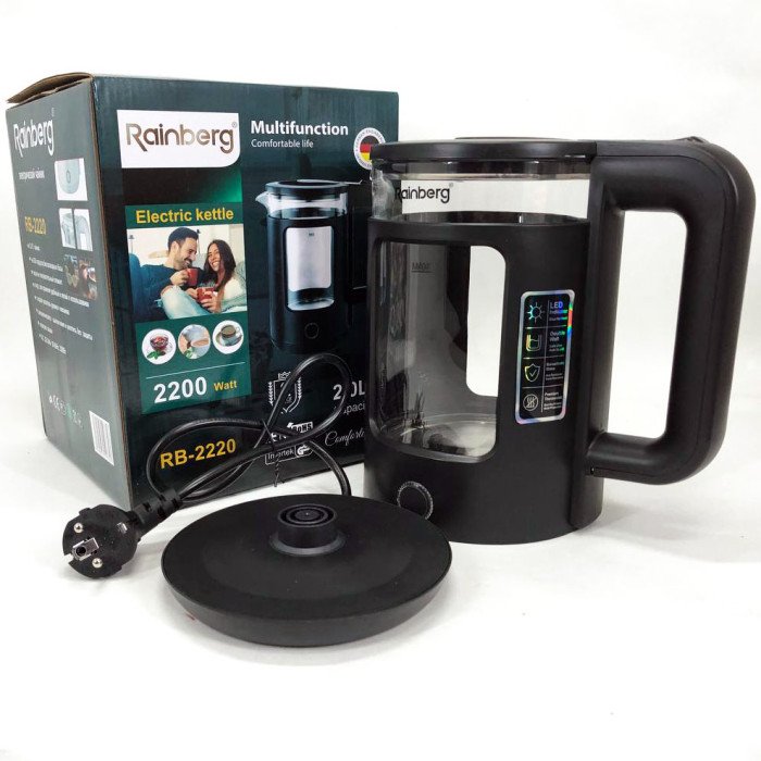 Електрочайник Rainberg RB-2220 скляний дисковий прозорий. Чайник із підсвічуванням 2200W. Колір: чорний