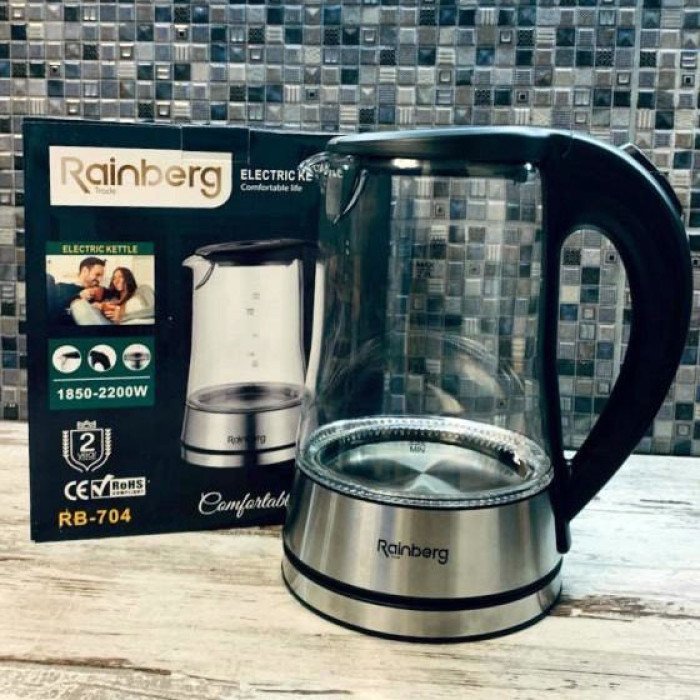 Чайник електричний скляний електрочайник з LED підсвічуванням Rainberg RB-704 2 л 2200 Вт