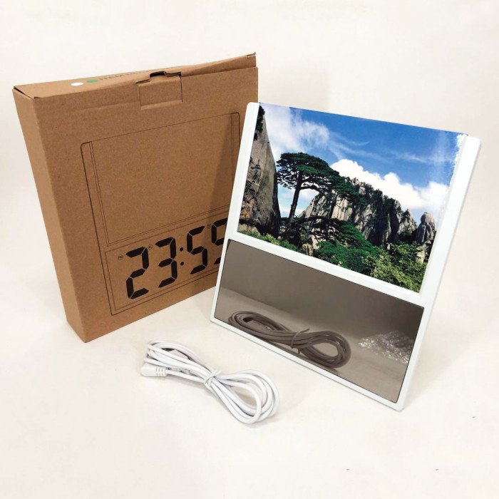 Електронний дротовий настільний цифровий годинник DS-6608 з фоторамкою, зелене підсвічування. Колір: білий