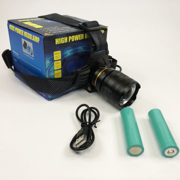 Ліхтар налобний потужний Bailong BL-8075-2-GT100, 3 режими, Zoom, алюміній, акумулятор 2*18650, USB кабель