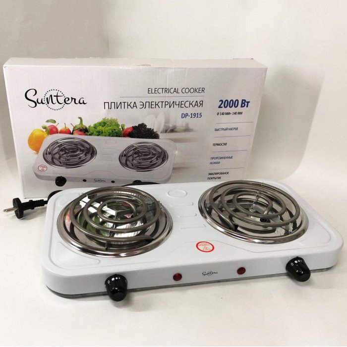 Плита електрична Suntera DP-1915 2000 Вт, потужна настільна електроплита, побутова плита. Колір: білий