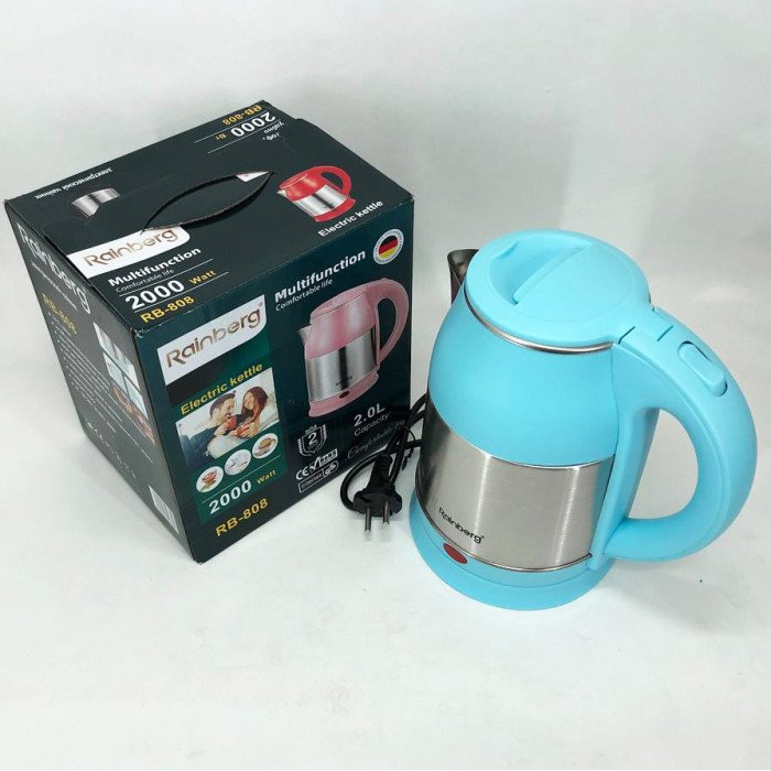 Електрочайник Rainberg RB-808 2 л нержавіюча сталь. Колір: блакитний