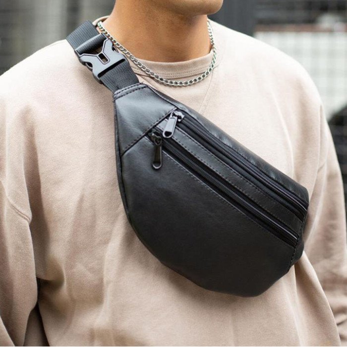 Сумка на пояс з еко-шкіри. Сумка через плече. Бананка чоловіча, жіноча. Колір чорний
