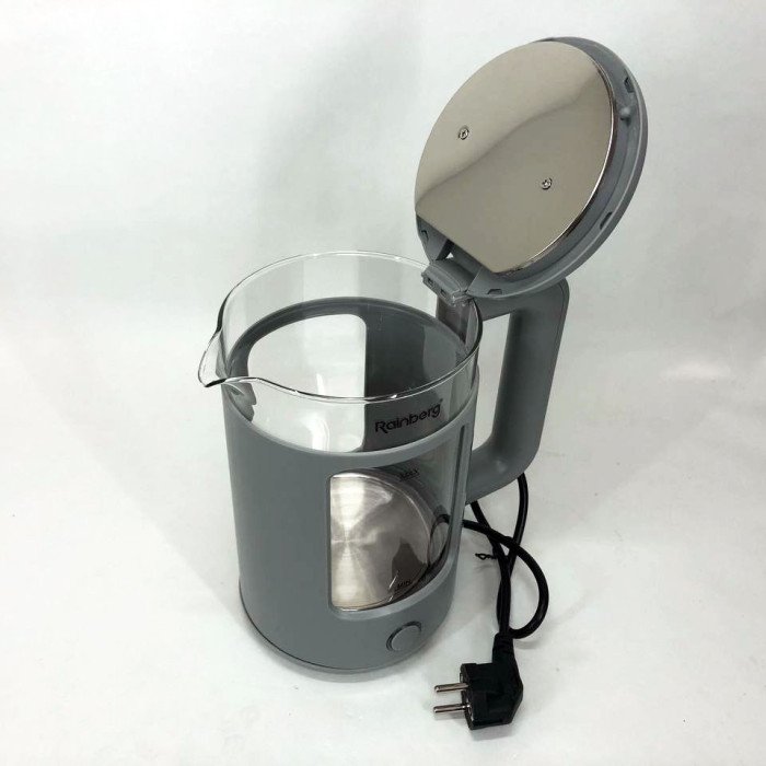 Електрочайник Rainberg RB-2220 скляний дисковий прозорий. Чайник із підсвічуванням 2200W. Колір: сірий