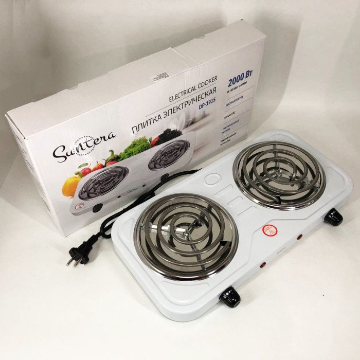 Плита електрична Suntera DP-1915 2000 Вт, потужна настільна електроплита, побутова плита. Колір: білий
