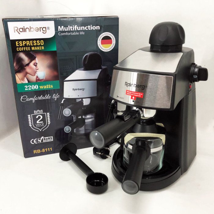 Кавомашина Rainberg RB-8111 кавоварка ріжкова з капучинатором 2200W Espresso, маленька кавоварка