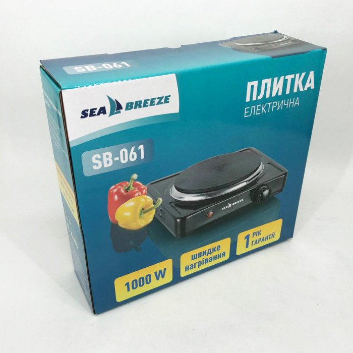 Настільна плита електрична Sea Breeze SB-061 1000 Вт, компактна переносна електроплита. Колір: чорний