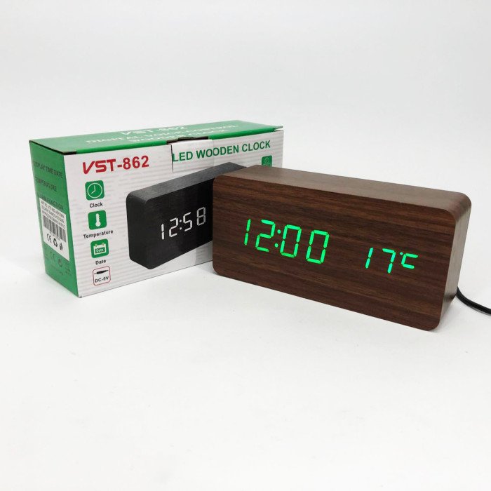 Електронний годинник VST-862-4, з датчиком температури, будильник, живлення від USB. Колір: коричневий-зелений
