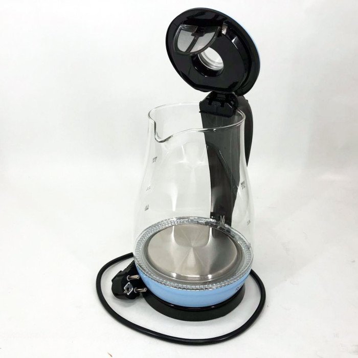 Чайник електричний скляний Rainberg RB-914, прозорий чайник з підсвічуванням. Колір: блакитний