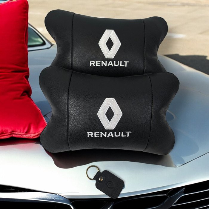 Набір подушок 2шт для авто Renault, натуральна шкіра, на підголівник у машину з логотипом Рено