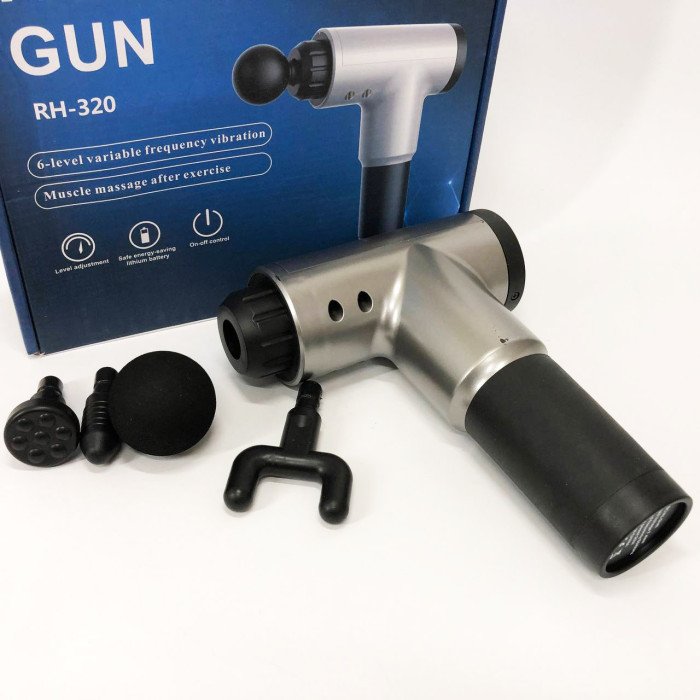 Акумуляторний масажер Fascial Gun KH-320 портативний ручний ударний м'язовий пістолет 4 насадки сірий