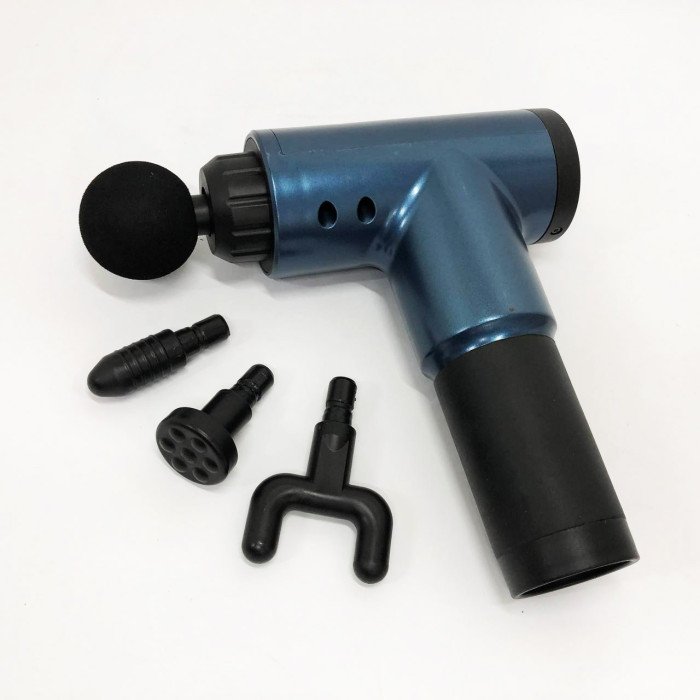 Акумуляторний масажер Fascial Gun KH-320 портативний ручний ударний м'язовий пістолет 4 насадки синій