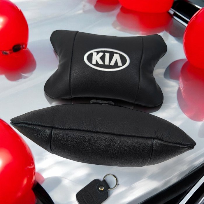 Автодушки 2 шт на підголовник Kia / Кіа, натуральна шкіра, чорні, Підголовник для авто з комфортом