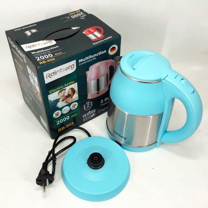 Електрочайник Rainberg RB-808 2 л нержавіюча сталь. Колір: блакитний