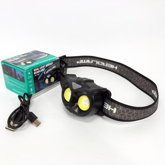 Ліхтар налобний WT208 2COB, білий, червоний, Налібний ліхтарик з usb зарядкою, Водонепроникний ліхтарик