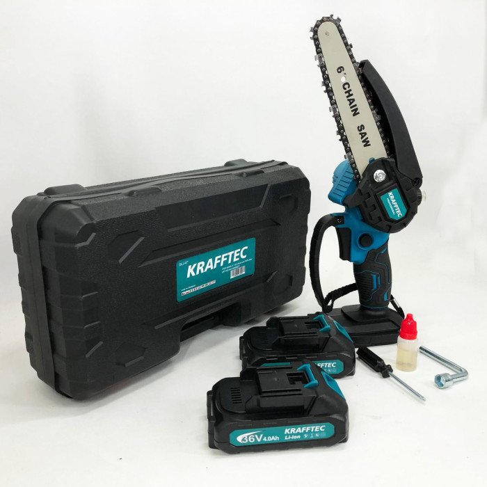 Акумуляторна ланцюгова міні пила 15 см у кейсі Krafftec (36V 4 Ач) + 2 акумулятори та індикатором заряду