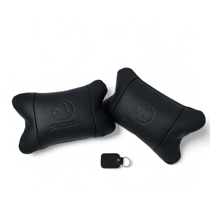 Набір авто подушок Skoda з натуральної шкіри + брелок, Автоподушка на підголовник