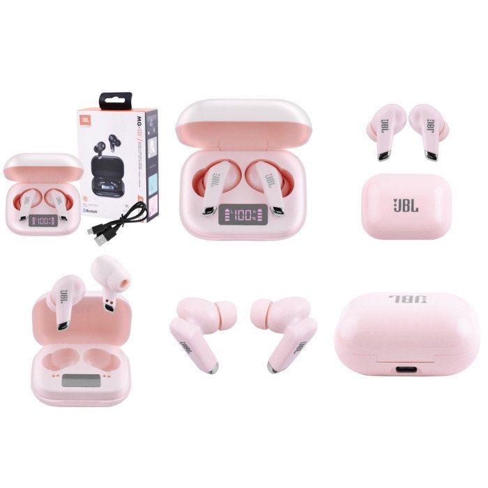 Бездротові bluetooth навушники вкладиші JBL MG-S20 з мікрофоном і кейсом підзарядки. Колір рожевий