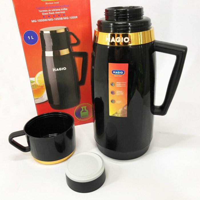 Термос Magio MG-1050B зі скляною колбою, Питний термос, Термос для кави. Колір: чорний