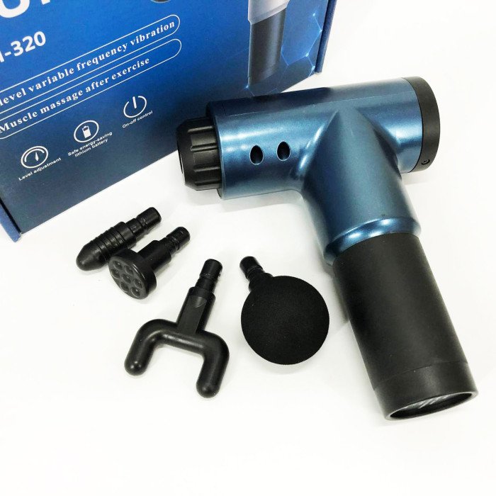 Акумуляторний масажер Fascial Gun KH-320 портативний ручний ударний м'язовий пістолет 4 насадки синій