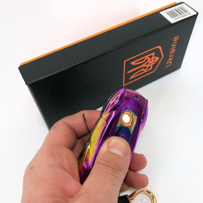 Електрична запальничка-брелок Україна з USB-зарядкою та підсвічуванням HL-468, з гравіюванням. Колір: хамелеон