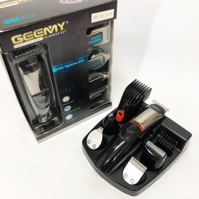Машинка для стрижки 5в1 Geemy GM-853 стайлер, бритва, триммер на акумуляторі нержавіюча сталь 6 насадок