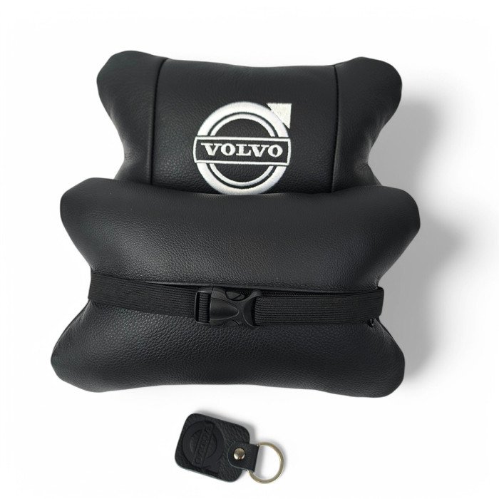 Набір шкіряних подушок Volvo + брелок у подарунок, Автоподушки Volvo з вишивкою