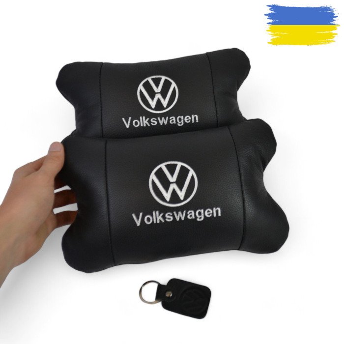 Набір подушок 2шт в авто Volkswagen з натуральної шкіри, на підголовник у машину, Автомобільна  подушка