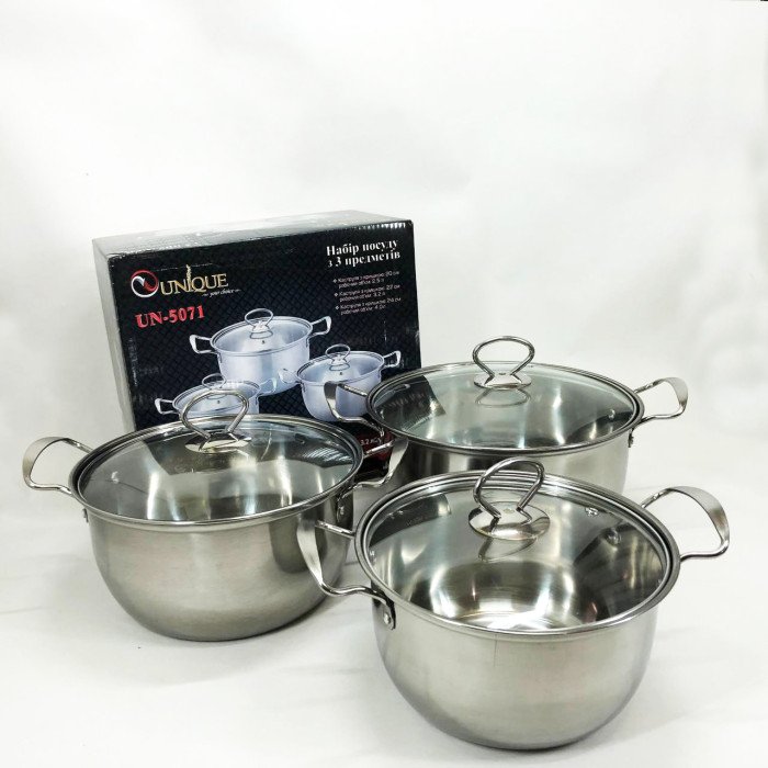 Набір каструль із нержавіючої сталі UNIQUE UN-5071 6 предметів, Каструлі з прозорими кришками
