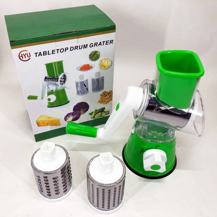 Овочерізка мультислайсер Tabletop Drum Grater Kitchen Master Терка для овочів та фруктів 3 насадки. Колір: зелений