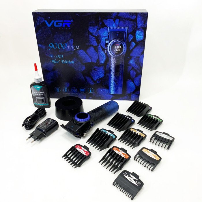 Професійна машинка для стрижки волосся VGR V-001 BLUE з дисплеєм 9000 об/хв та 10 насадками 1,5-24 мм