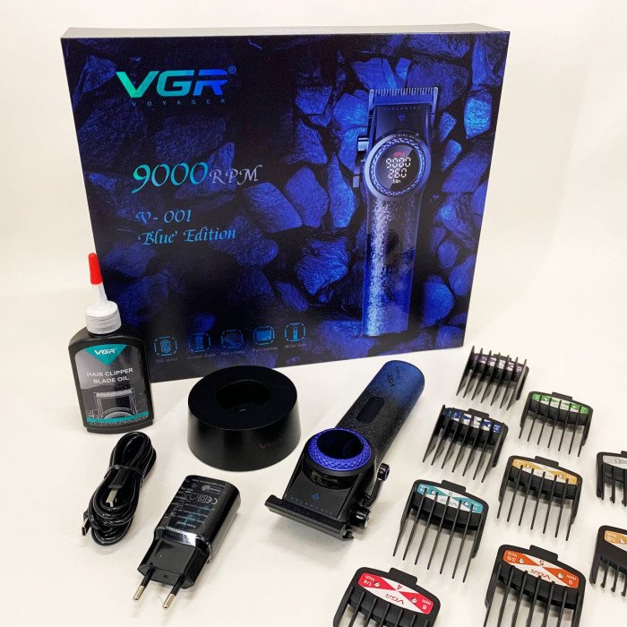 Професійна машинка для стрижки волосся VGR V-001 BLUE з дисплеєм 9000 об/хв та 10 насадками 1,5-24 мм