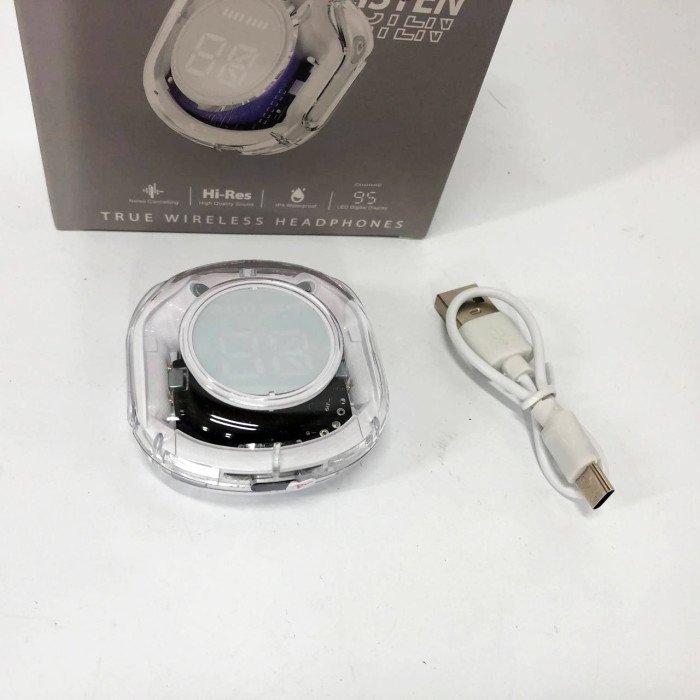 Бездротові навушники TWS T8 PRO з прозорим кейсом Вакуумний LED дисплей Bluetooth 5.3. Колір: білий