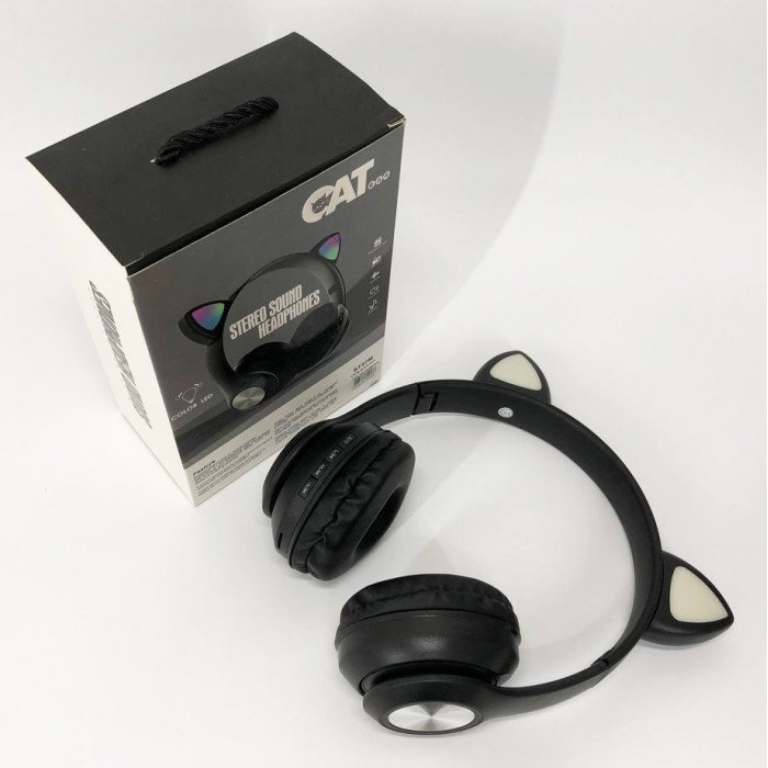 Навушники накладні бездротові ST37M зі котячими вушками, що світяться. Колір: чорний