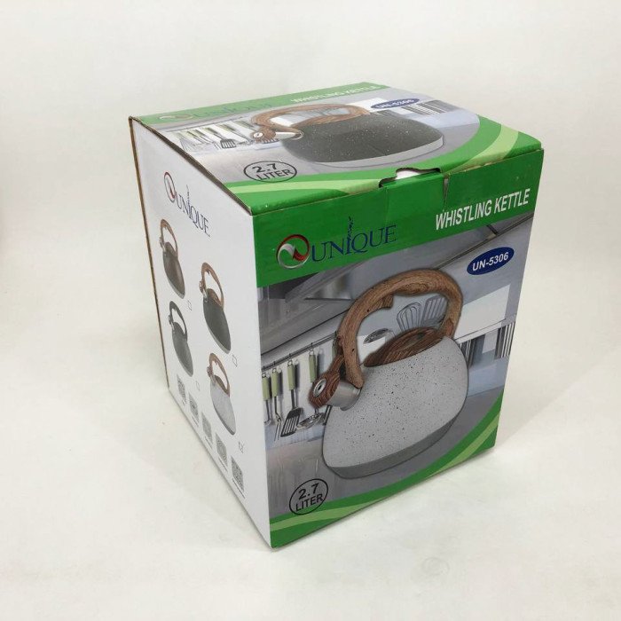 Чайник Unique зі свистком UN-5306 2,7л мармур, чайник для газової плитки, чайник на плиту. Колір: білий