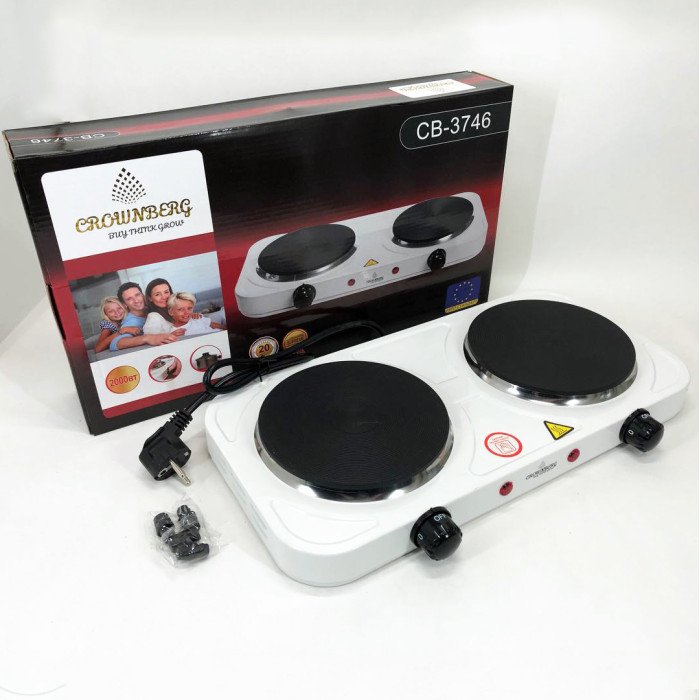 Плита електрична настільна побутова Crownberg CB-3746 двоконфоркова дискова кухонна плита 2000 Вт
