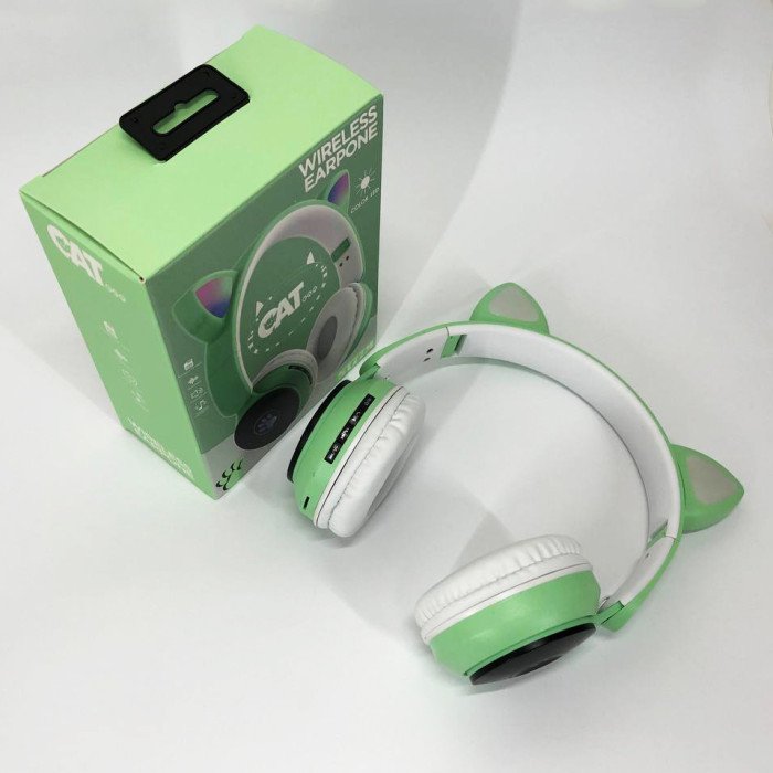 Бездротові навушники ST77 LED з котячими вушками, що світяться. Колір: зелений