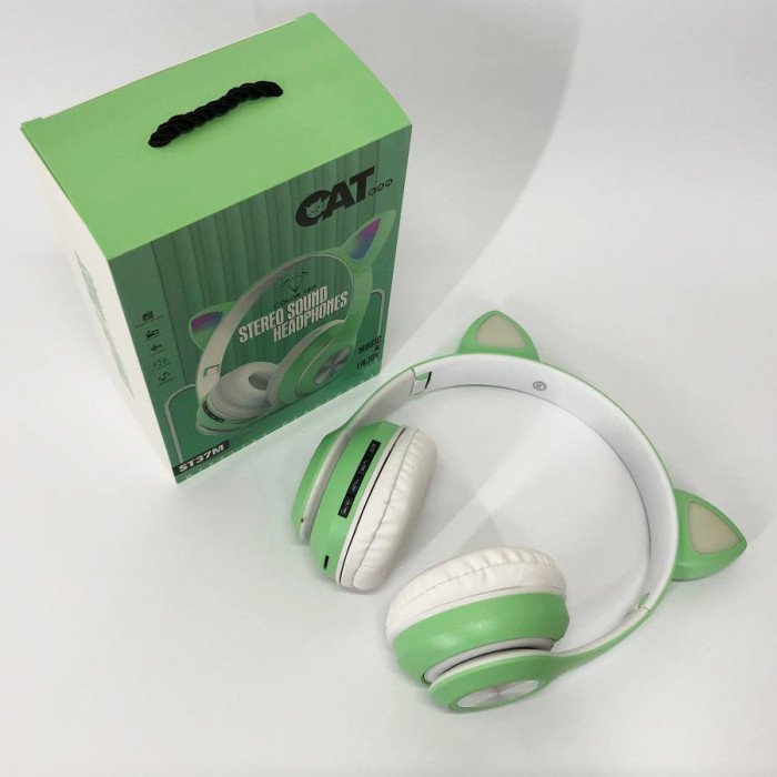 Навушники накладні бездротові ST37M зі котячими вушками, що світяться. Колір: зелений