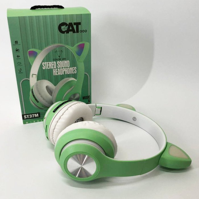 Навушники накладні бездротові ST37M зі котячими вушками, що світяться. Колір: зелений