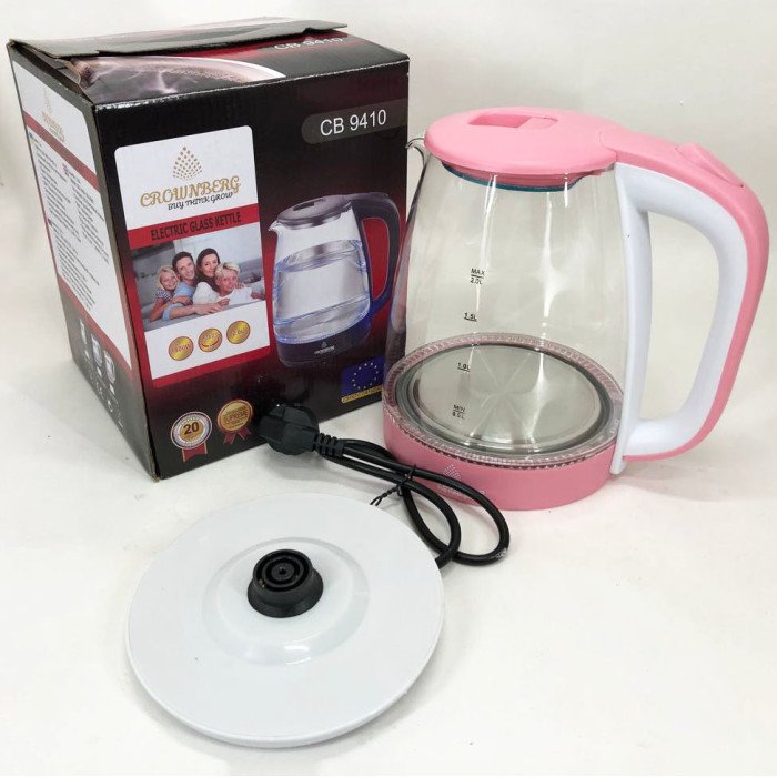 Електричний скляний чайник Crownberg CB-9410. Колір: рожевий