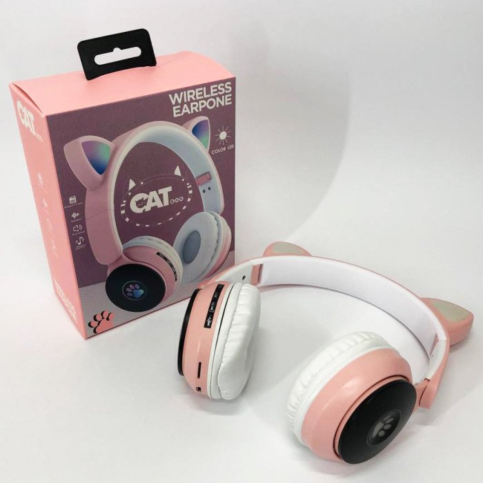 Бездротові навушники ST77 LED з котячими вушками, що світяться. Колір: рожевий