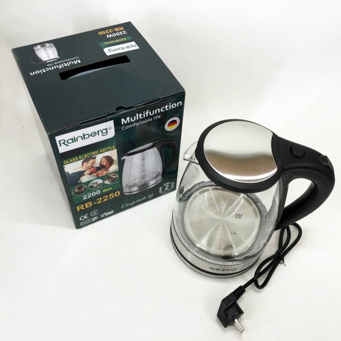 Електричний скляний чайник Rainberg RB-2250 з LED підсвічуванням 2200 Вт 1.8л, хороший електро чайник