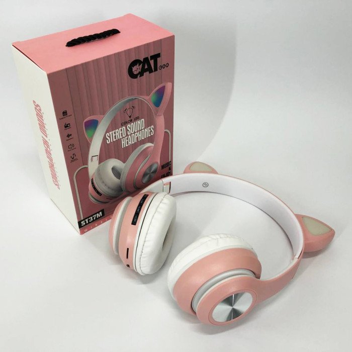 Навушники накладні бездротові ST37M зі котячими вушками, що світяться. Колір: рожевий