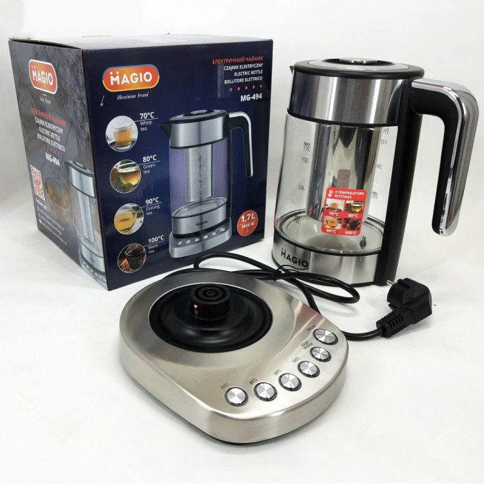 Електрочайник MAGIO MG-494, чайник прозорий з підсвічуванням, чайник дисковий, електрочайник з підсвічуванням