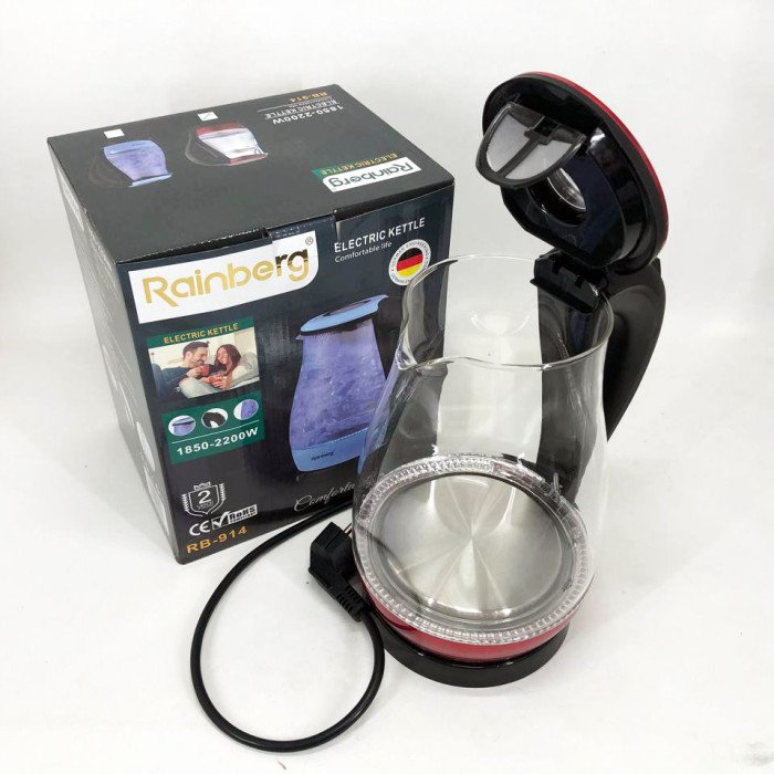 Чайник скляний електричний Rainberg RB-914, стильний електричний чайник. Колір: червоний
